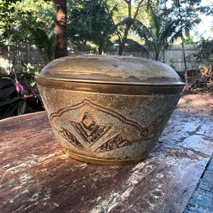Antique Gold and Silver Decor Container was once enameled or painted for sure